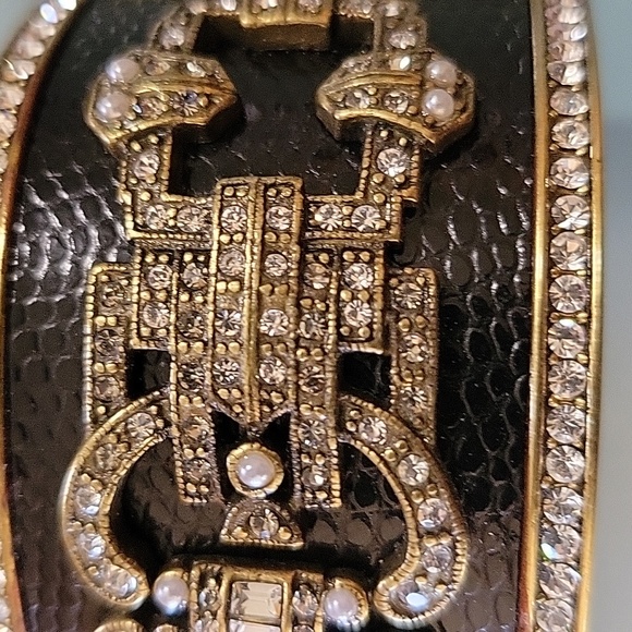 Heidi Daus Black Leather Jeweled Double Hinged Cuff Bracelet Swarovski Crystals - Picture 3 of 8